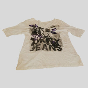 DKNY Womens Sz Lg White Logo Printed Black Flowers Purple Bling Cotton T-Shirt